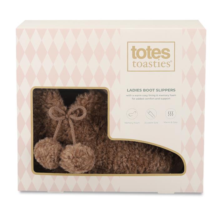 totes toasties® Ladies Textured Fur Bootie With Pom Pom Brown Extra Image 7